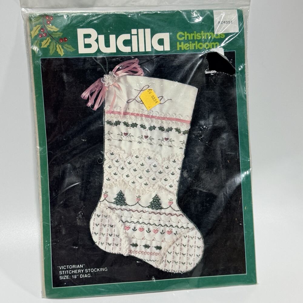 Vtg Bucilla Victorian Christmas Heirloom Stitchery Stocking Kit 18" Pink Green